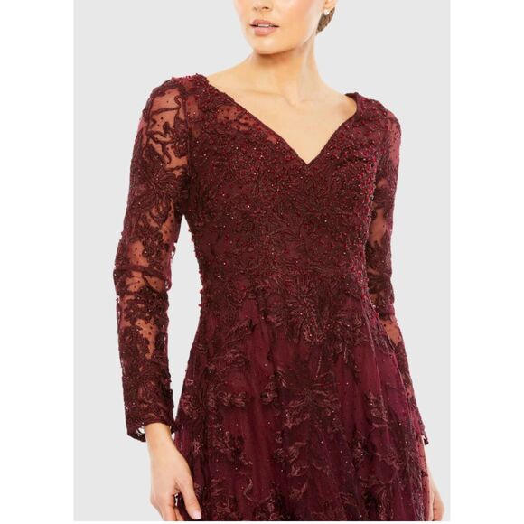 Mac Duggal  Red Embellished Illusion V Neck Long Sleeve Gown, 10, NWT - Picture 3 of 8